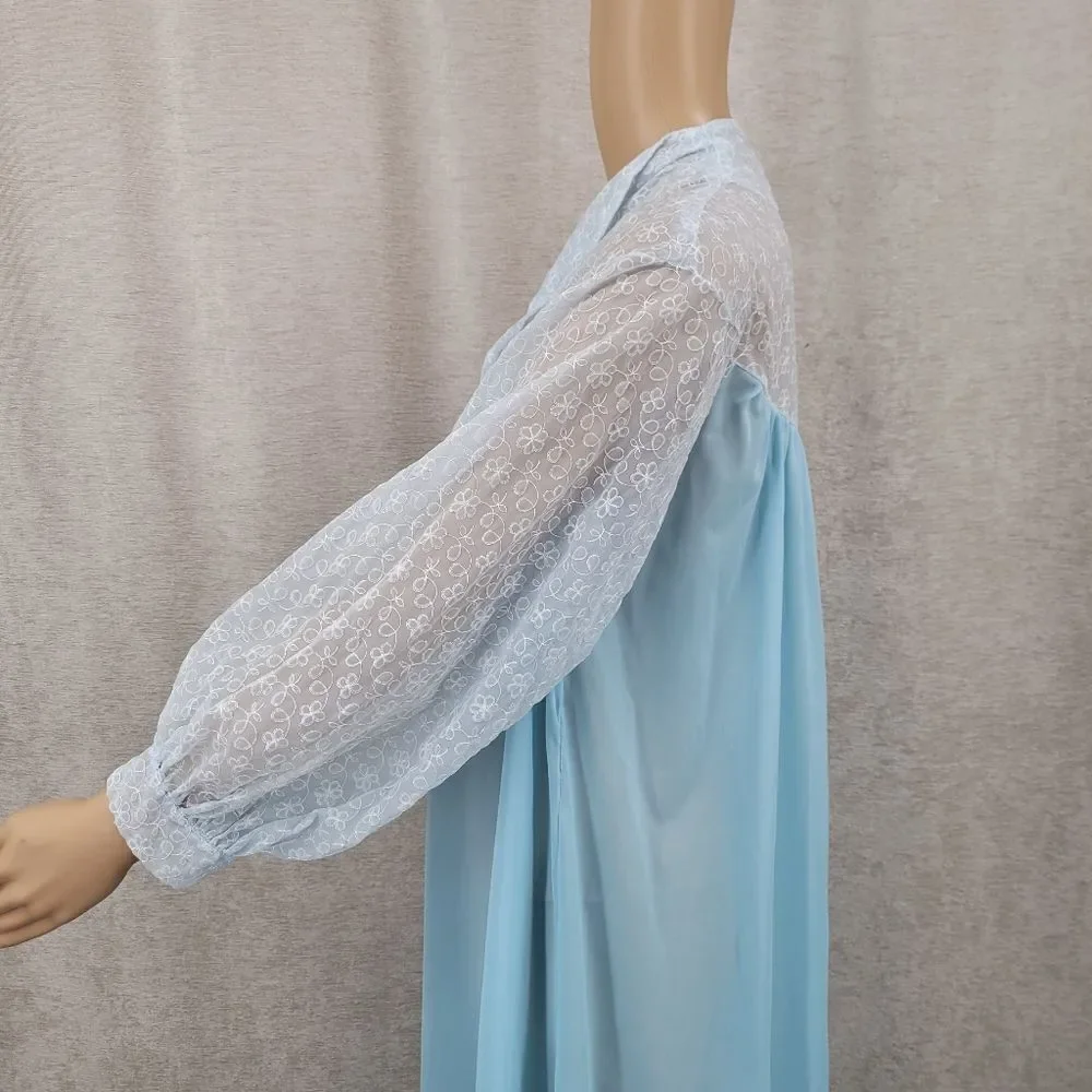 Tula Vintage 60s Light Blue Floral Embroidered Mesh Illusion Peignor Robe